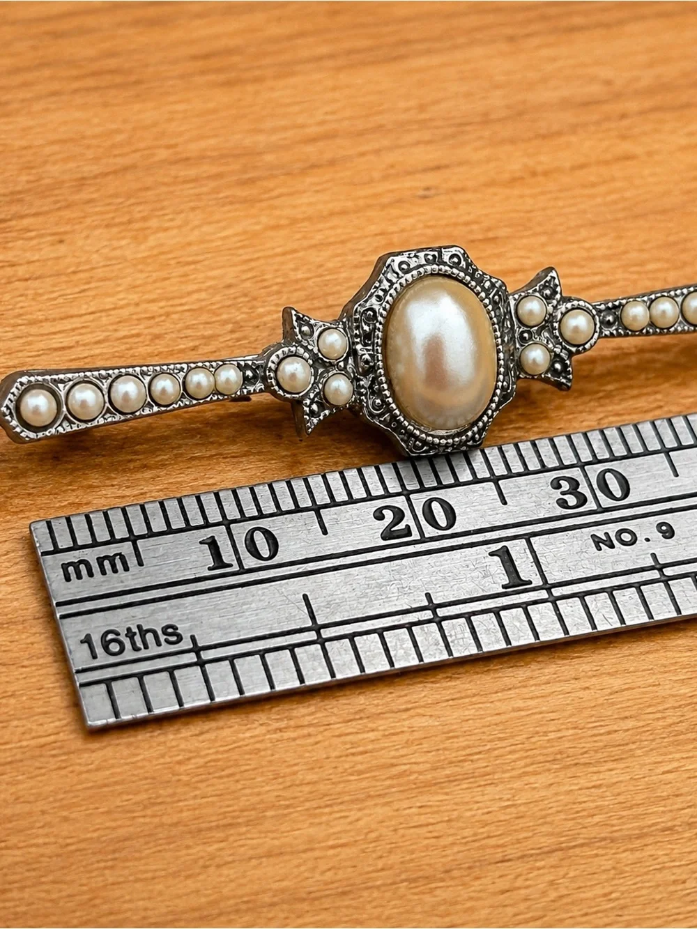 Art Deco Style Faux Pearl Bar Brooch Silver Tone Ornate Vintage Look Pin 2”